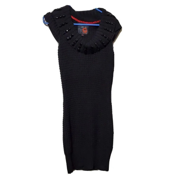 G By Guess Womens Sweater Dress Tunic Black M Cable Knit Beaded Cowl Neck - Picture 1 of 3